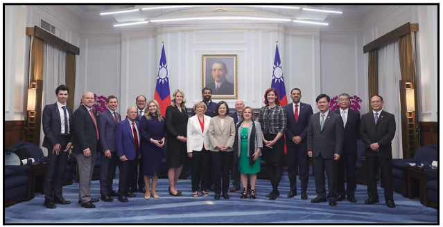 Then-President Tsai poses for a group photo with a Canadian parliamentary delegation attending the 2024 Taiwanese presidential inauguration